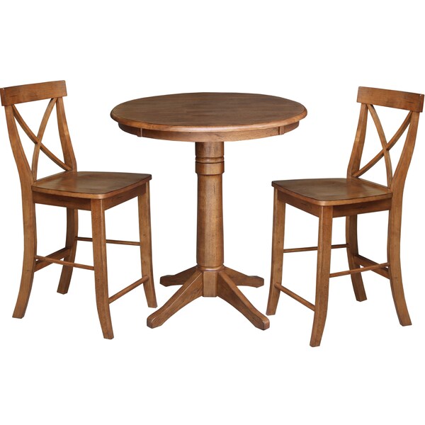 International Concepts Round 30 in Rd Ped Gathering Ht Table, 2 X-Back Stools, Distressed Oak, 30 in W, 30 in L, 35.9 in H K42-30RT-27B-S6132-2 - main